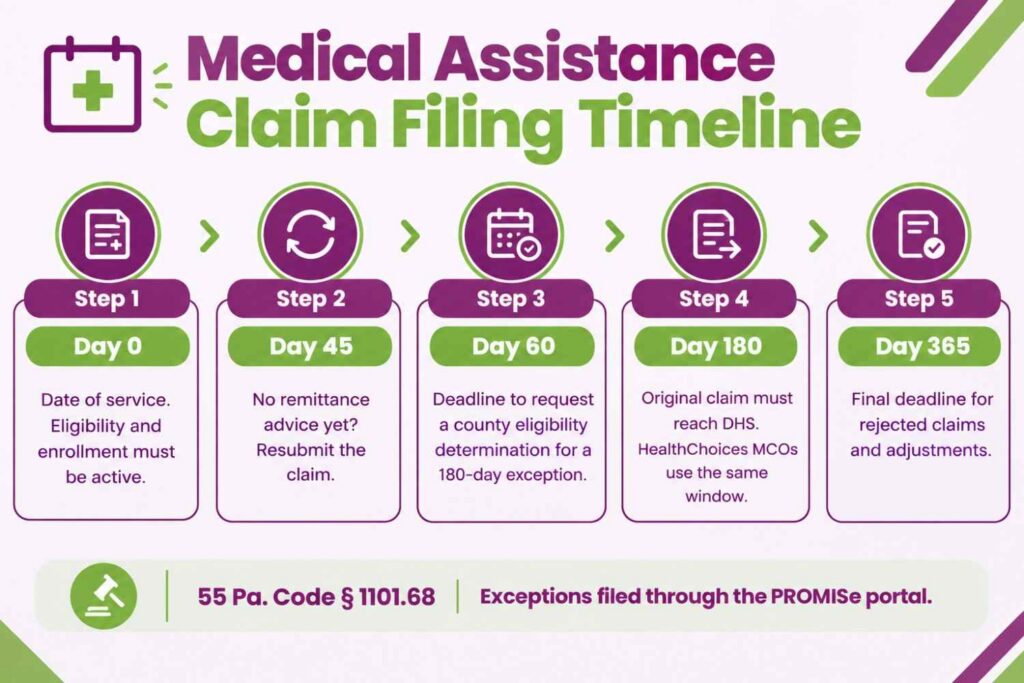 Pennsylvania Medical Assistance claim filing timeline from date of service through the 365-day resubmission deadline