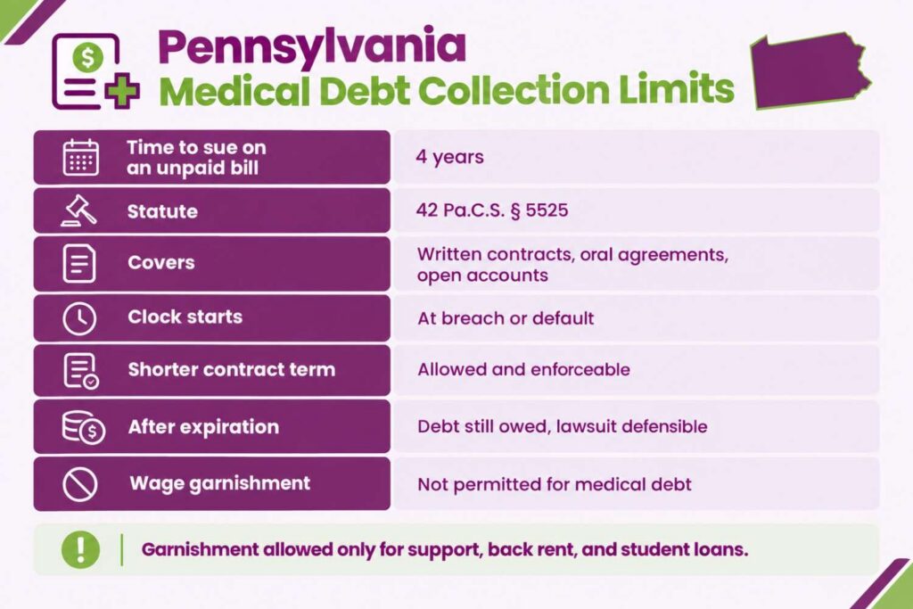 Pennsylvania medical debt collection limits showing the four-year statute of limitations and wage garnishment rules