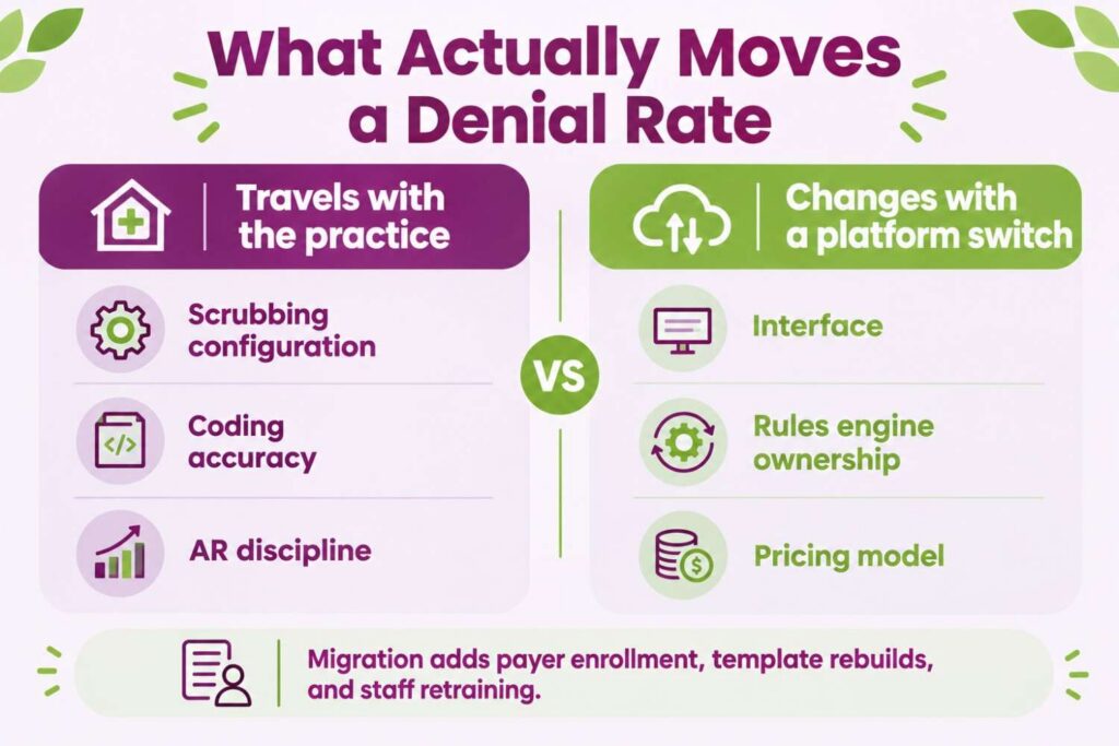 Factors that move a denial rate compared with what changes when a practice switches platforms